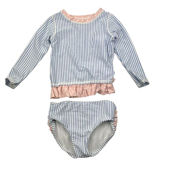 RuffleButts Blue Striped Rash Guard Swimsuit - Picture 1 of 7